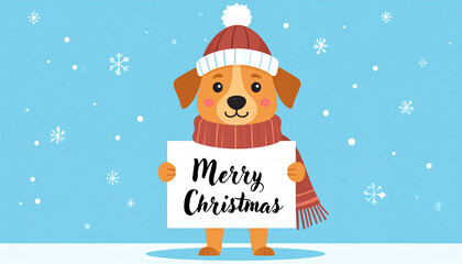 Happy Cartoon Dog Holding a Merry Christmas Sign in the Snow
