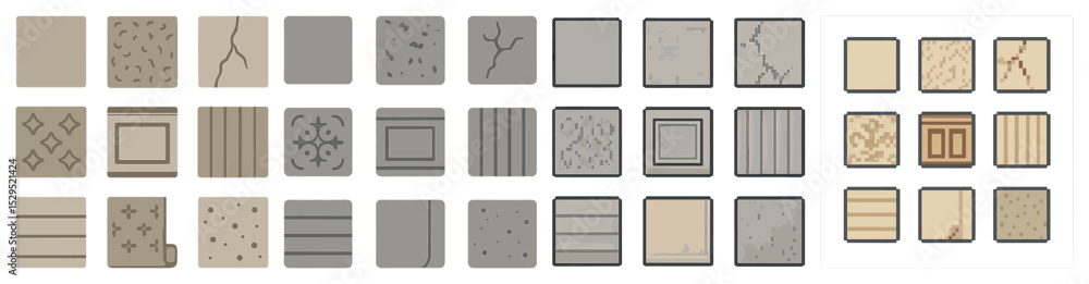 Poster Building texture icons set – flat, outline, construction and architecture styles