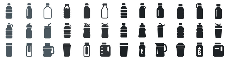 Fototapeta premium Water bottle silhouette icons set – solid, filled, beverage and hydration symbols