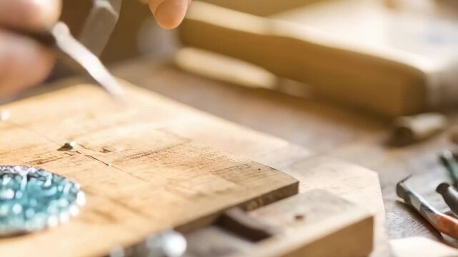 Hands using a hammer and etching tool creating an ornate silver metal medallion on a wooden workbench