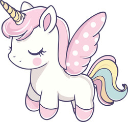 Obraz premium Adorable Cartoon Unicorn with Pink Mane and Colorful Tail a Cute and Whimsical Illustration Perfect for Children s Designs and Fantasy Themes on a White