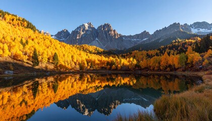 A serene mountain lake reflects vibrant autumn trees and rugged peaks under a clear blue sky.