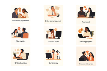  Business Collaboration and Online Work Scenes – Flat Vector Illustration Set