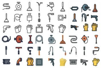 Fototapeta premium Home maintenance tools icons set – pixel art, diy, repair essentials collection
