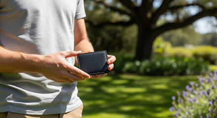 Man in casual clothing holding a minimalist slim wallet outdoors, focus on fingers and texture