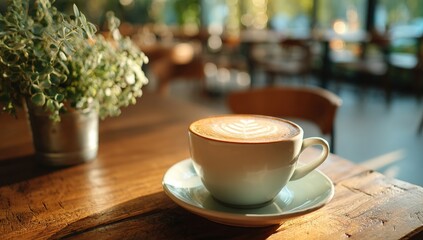 Obraz premium A cup of latte with latte art sits on a wooden table in a cozy cafe with soft natural light and a potted plant nearby.