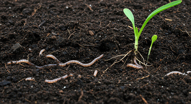 Underground infestation visual showing dark soil layers with wireworms surrounding seedling roots