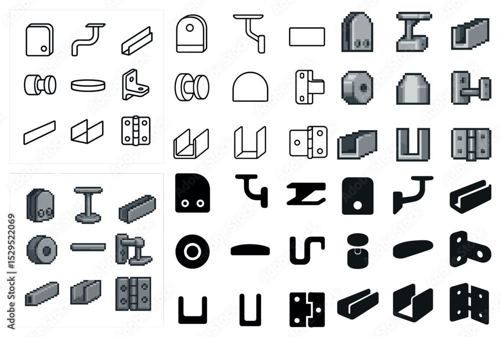 Poster hardware and fasteners icons set – outline, line, tools and building components