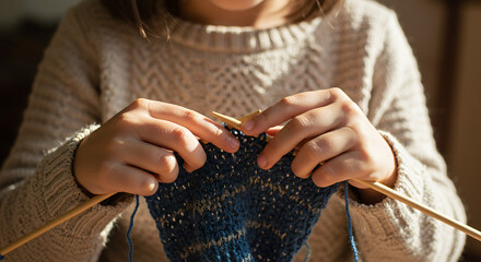 Child’s hands skillfully knitting a patterned scarf with colorful yarn in a soft and cozy setting