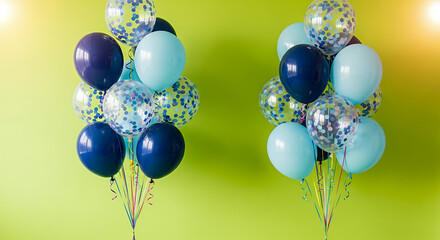 Playful party scene featuring helium balloons in navy, light blue, and transparent styles with confetti on a vivid lime green backdrop