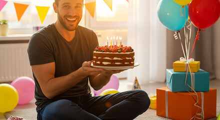 Joyful man in casual clothes holding a layered birthday cake with berries in a playful atmosphere
