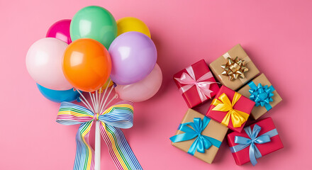 Birthday party detail featuring a balloon bouquet tied with a striped ribbon next to wrapped gifts on a bold pink background