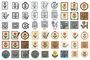 Arts and crafts outline icons set &ndash; linear, creative hobby and diy symbols
