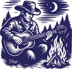 Cowboy playing guitar by campfire at night in vintage line art