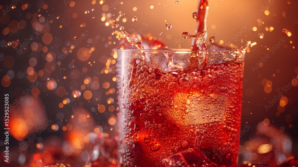 Poster a dynamic moment captured as vibrant liquid splashes in a glass filled with ice, symbolizing refresh