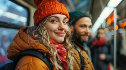 A happy young couple rides public transport, sharing smiles and warmth, capturing the essence of daily life and companionship in an urban setting.