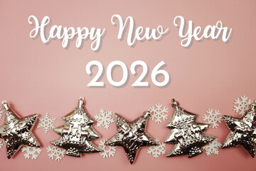 Happy New Year 2026 on pink background;