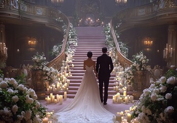Luxurious Wedding Ceremony Featuring Couple Holding Hands on Decorated Steps