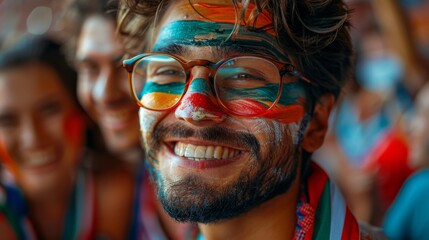 Obraz premium A beaming fan with face paint displays his excitement as he celebrates at a lively event, embodying the spirit of passion and joy in sports and community gatherings.