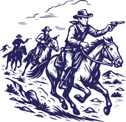 Fototapeta premium Cowboys on horseback chasing with guns in vintage line art style