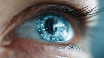 Close-up of a futuristic eye integrating technology with flowing digital data