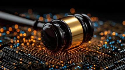 A judge's gavel resting on a glowing circuit board, symbolizing the intersection of law and technology.