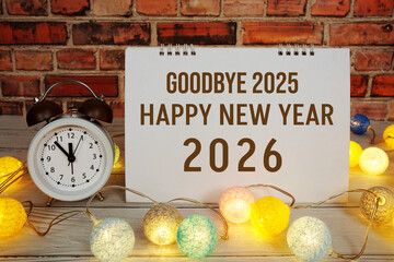 Happy New Year 2026 text message with alarm clock and LED cotton balls decoration