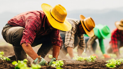 Hispanic immigrant farm workers diligently cultivating crops under the sun