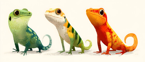Naklejka premium Three lizards are sitting on a white background