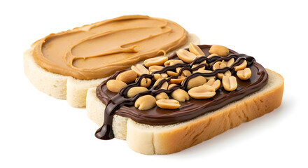 two slices of white bread, one with creamy peanut butter and the other with rich chocolate hazelnut spread and peanuts, on a white background
