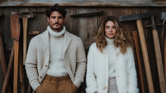 An inspiring image of a fashionable couple standing confidently against a backdrop of rustic tools, blending style and craftsmanship to represent modern love and collaboration. - Powered by Adobe