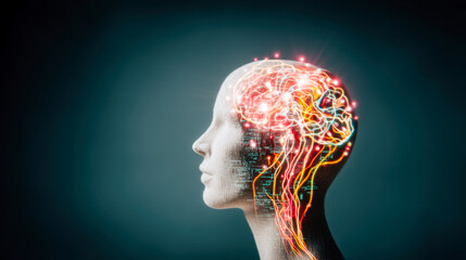 Obraz premium Intricate circuitry flows from AI head showcasing integration of technology and life