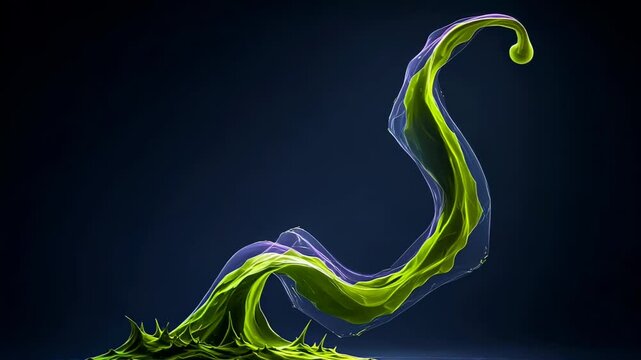 Abstract lime green liquid flows in an elegant S-shape against a dark background, creating a dynamic and visually striking image