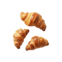 Three Golden-Brown Croissants Falling Against a Transparent Background
