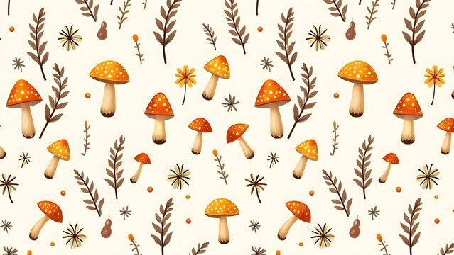 Rustic spring nature seamless pattern with wild mushrooms and earthy tones for nature inspired rustic designs concept as Rustic spring nature pattern featuring wild mushrooms and e Seamless Set