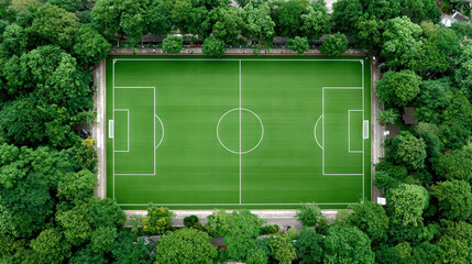 Aerial view of vibrant green soccer field surrounded by lush trees, showcasing well maintained pitch with clear white markings. serene environment enhances beauty of sports area