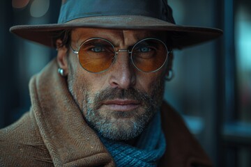 A striking portrait of a man wearing stylish sunglasses and a fashionable hat, his confident expression radiating charisma, mystery, and a sense of timeless fashion allure.