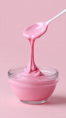 Creamy pink paint drips from spoon into glass bowl, creating smooth and glossy texture. soft pastel color evokes sense of playfulness and creativity