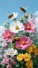 Vibrant flowers in various colors, including pink, white, and yellow, attract buzzing bees under clear blue sky. scene captures beauty of nature and importance of pollinators