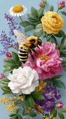 Vibrant illustration featuring bee on colorful flowers, including peonies, roses, and daisies, set against soft blue background, evoking sense of nature beauty and harmony