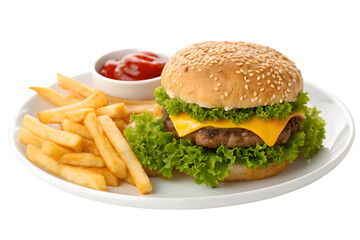 Juicy Cheeseburger with Crispy French Fries and Ketchup a Delicious Fast Food Meal Ready to Eat