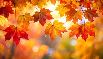 Vibrant autumn maple leaves showcasing warm hues of red, orange, and yellow against a soft, glowing bokeh background.