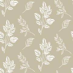 Elegant seamless pattern with hand-drawn silver botanical leaves on a beige background. A sophisticated and artistic design for luxury fabric, wallpaper, and decor.