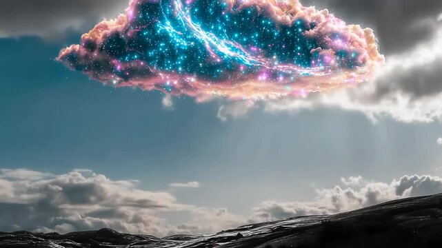 A vibrant, celestial cloud, glowing with ethereal light and cosmic particles, hangs above a tranquil landscape of rolling hills and fluffy clouds under a pale sky