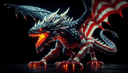 Fiery American Flag Dragon Roars in Glowing Darkness