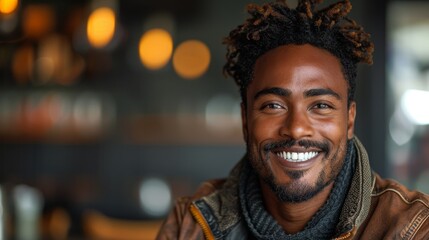 Fototapeta premium A warm and inviting portrait of a confident man with an engaging smile, showcasing personal charisma and a sense of connection in an inviting café environment.