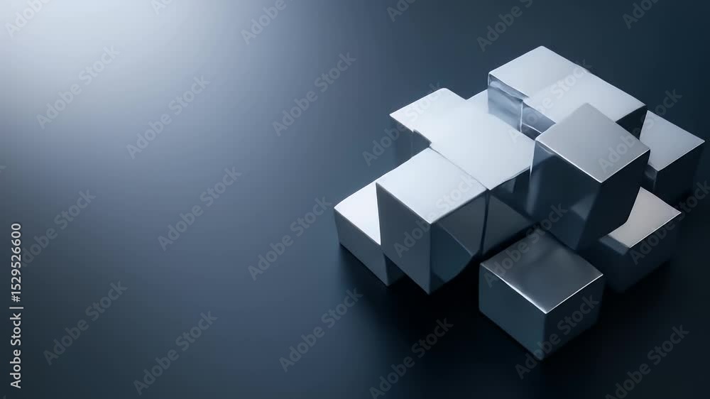 Poster abstract metallic cubes stacked in a geometric structure with dark gray background and modern design