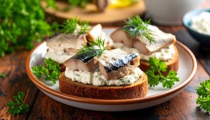 Herring open sandwiches on rye bread with cream cheese and dill