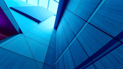 Modern architecture with geometric blue panels and angular design