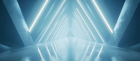 Futuristic, triangular corridor with bright, cool-toned neon lights reflecting on a glossy floor
